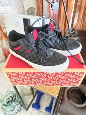 Vans Kids Black Checkerboard Sneakers with Red Details